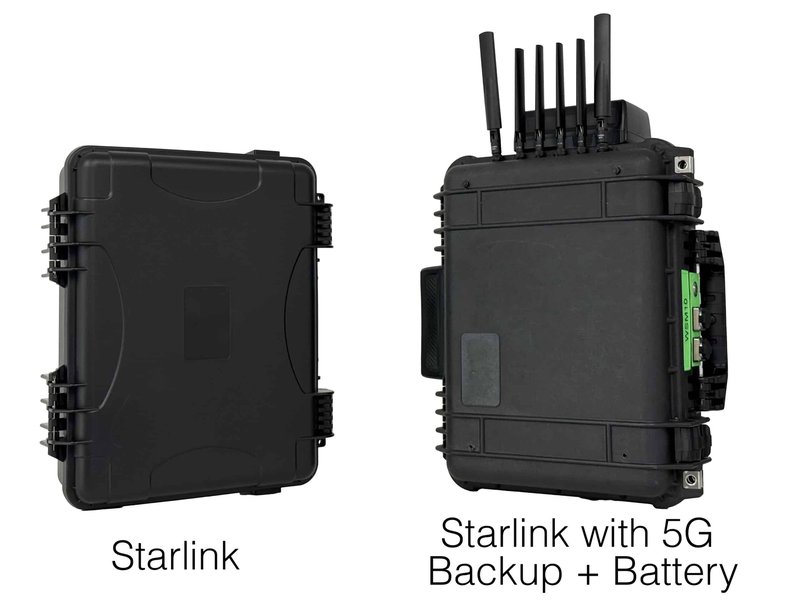 Two black hard-shell cases, labeled Starlink and Starlink with 5G backup and battery, one with antennas on top